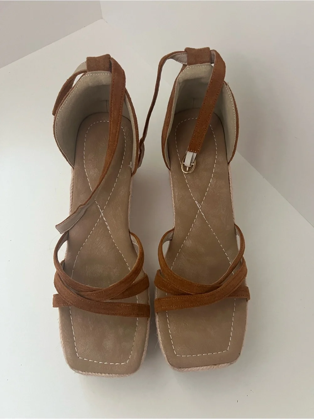 SHEIN Tan Suede Square-Toe Ankle Wrap Heels